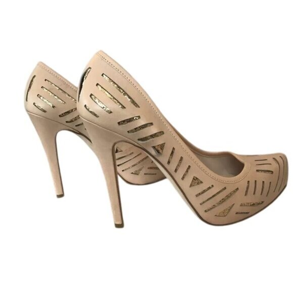 BCBGeneration Size 8.5 Leather Tan & Gold Metallic Eyelet Stiletto Pumps Heels - Picture 7 of 7